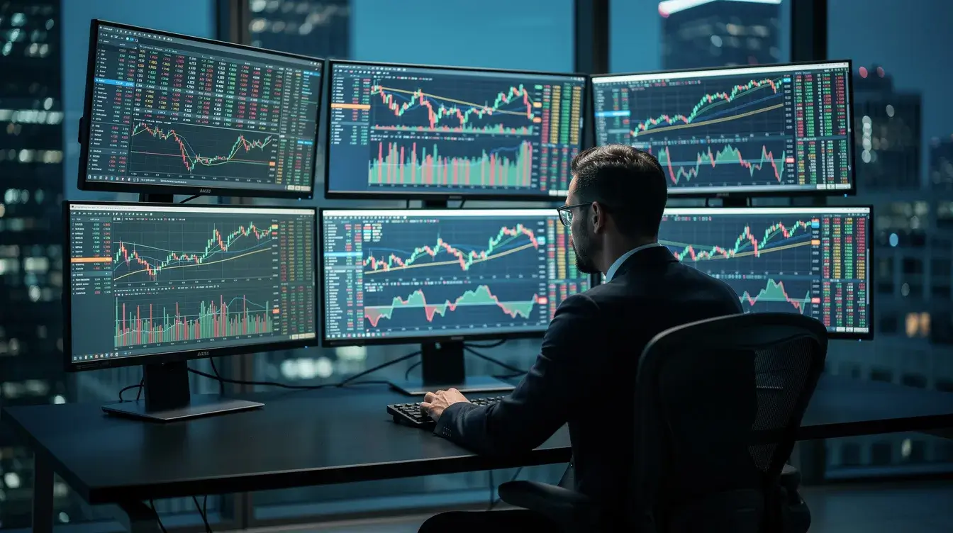 An experienced trader is intently analyzing market charts displayed on multiple screens, utilizing advanced trading technology and real-time market data to inform their trading decisions. The setup reflects a focus on financial markets, automated trading strategies, and the use of technical analysis to identify trading opportunities.