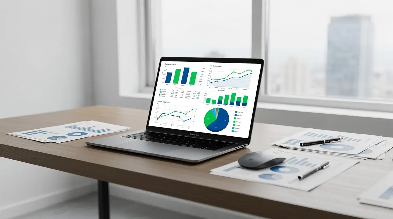 A modern office desk features a sleek laptop displaying financial charts and market data, essential for traders analyzing market trends and making informed trading decisions. This setup highlights the use of advanced technology and AI trading tools to optimize trading strategies and opportunities in financial markets.