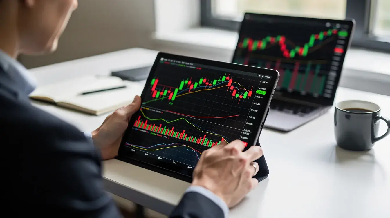 A person is intently reviewing market charts on a tablet, analyzing financial data and market trends to inform their trading strategy. This scene highlights the use of advanced technology and trading software, essential for making informed trading decisions in the financial markets.